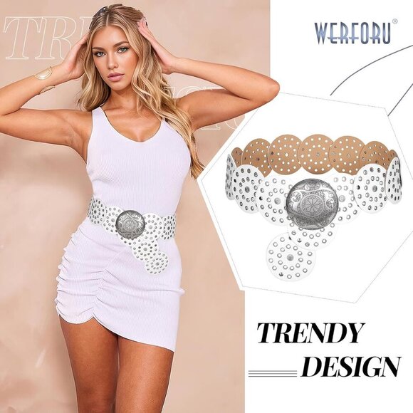 Women\'s Vintage Leather Belt Western Disc Waist Belts Belt White Silver Buckle main image 5